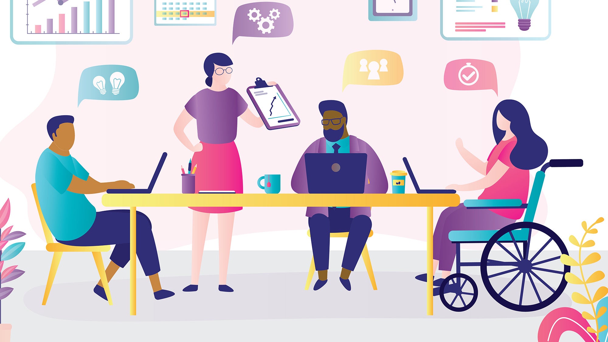 Illustration depicts four figures at a table, one using a wheelchair, all giving input