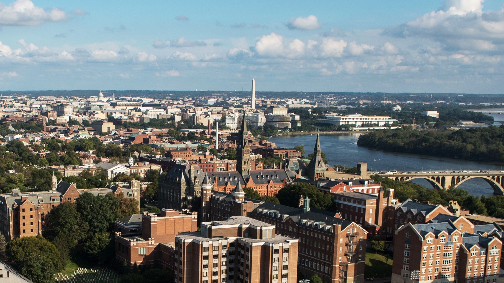 An aerial view of downtown D.C. from above Georgetown's Hilltop Campus