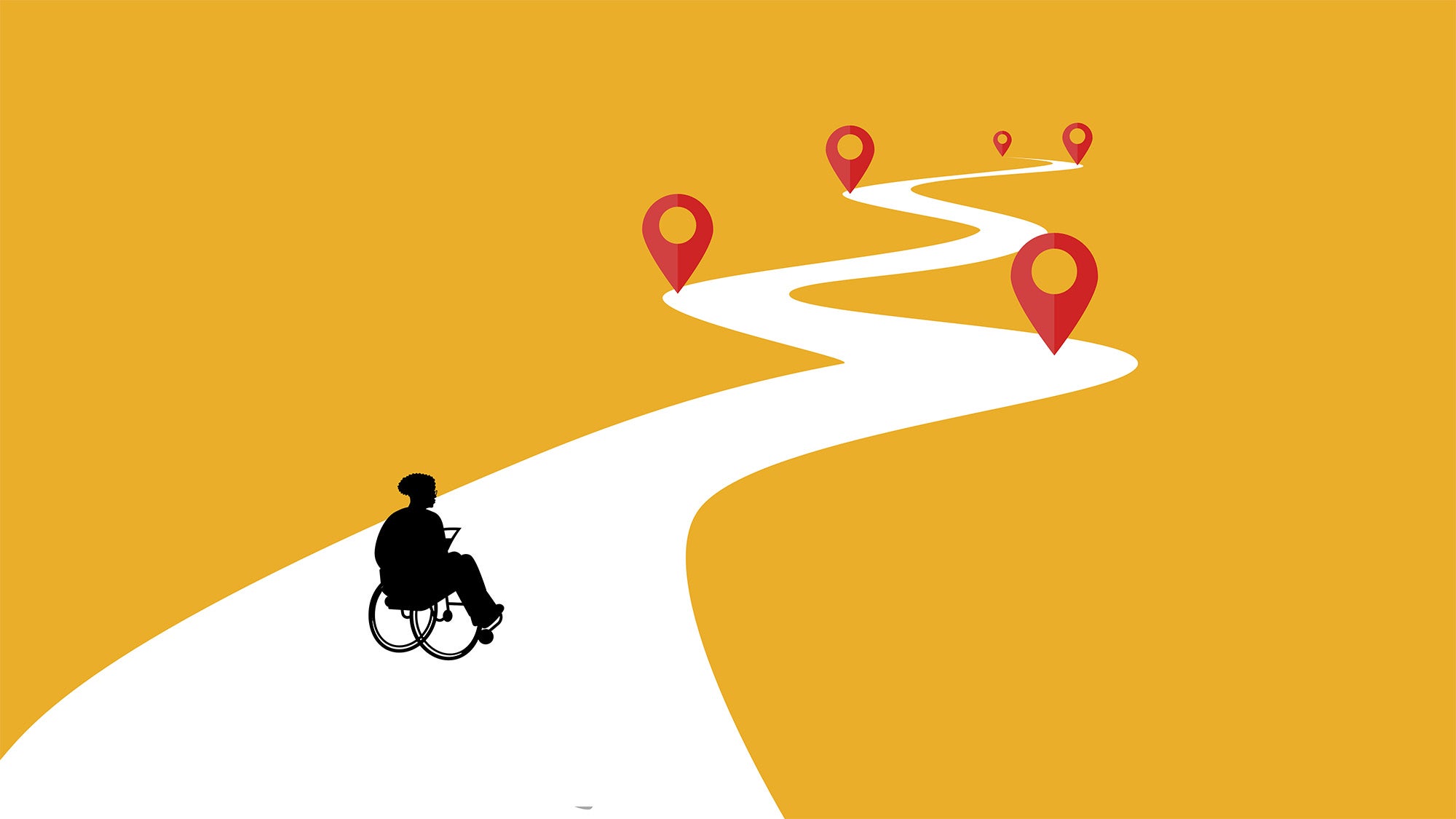 Illustration depicting a figure in a wheelchair heading toward points on a road ahead