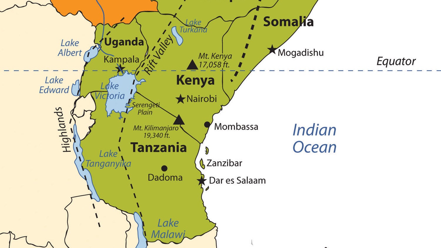 Map of Africa focusing on east African countries